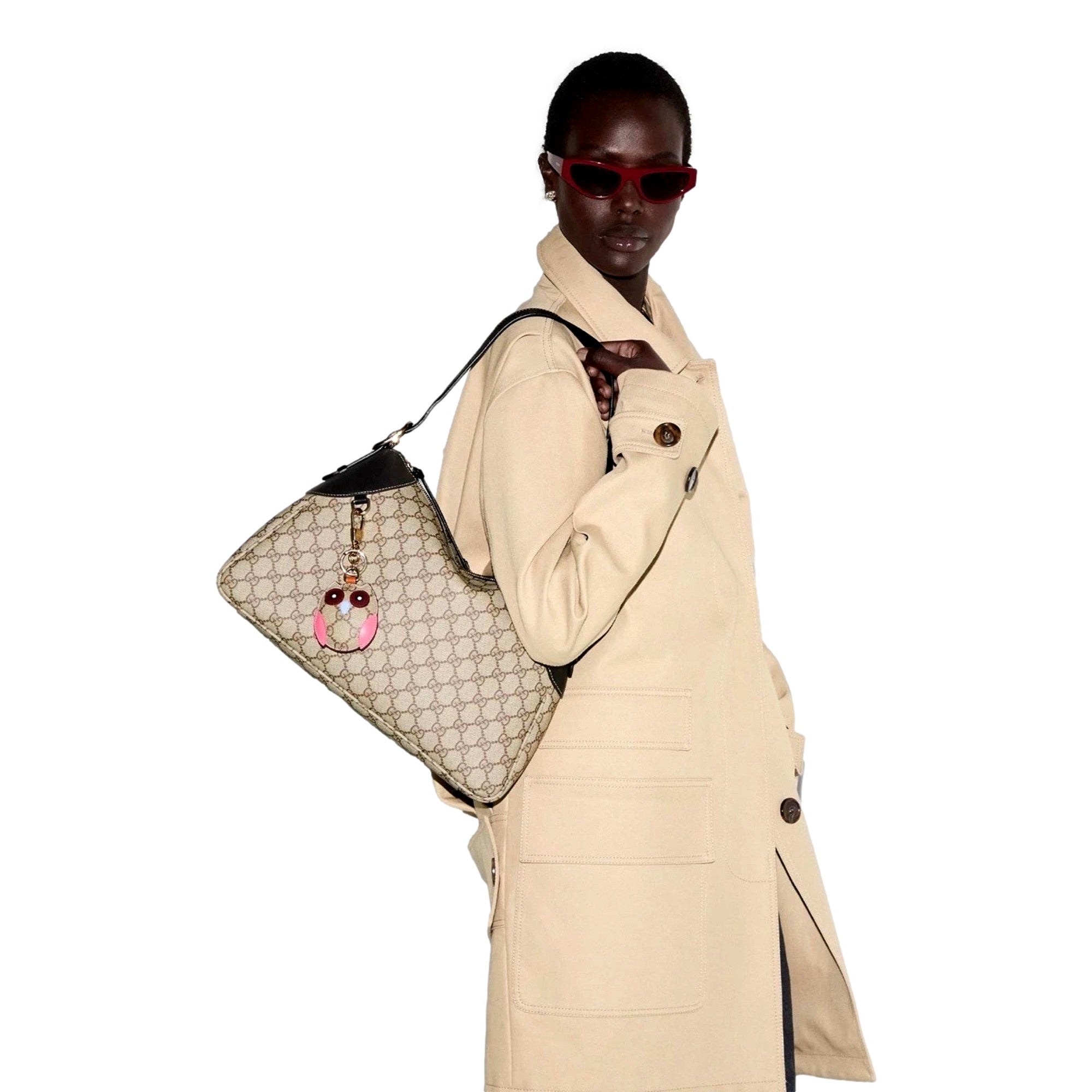 Gucci GG Emblem Surpeme Canvas Medium Leather Shoulder Bag Black Beige