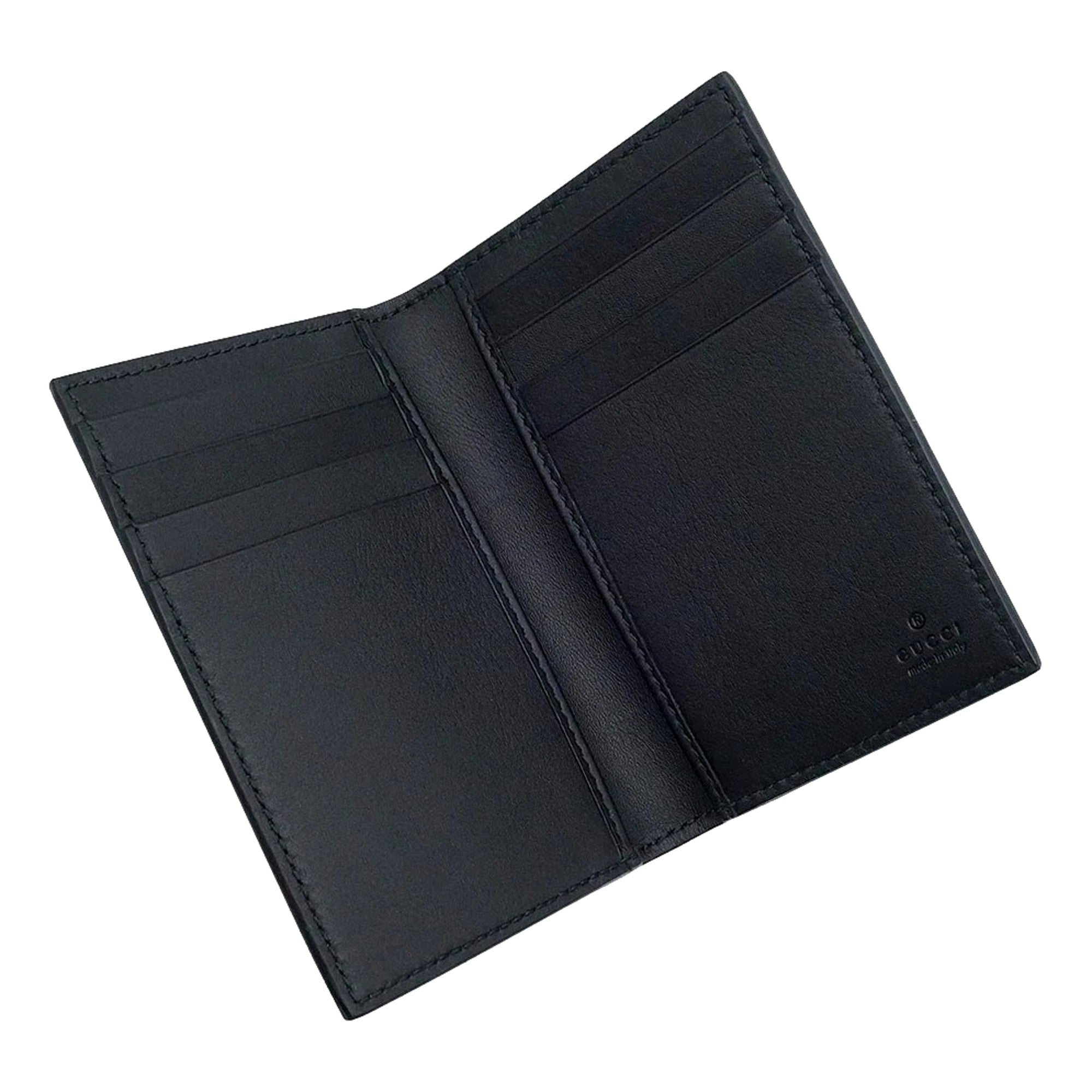 Gucci GG Emblem Black Leather and Canvas Vertical Bifold Wallet - Available at Queen Bee of Beverly Hills