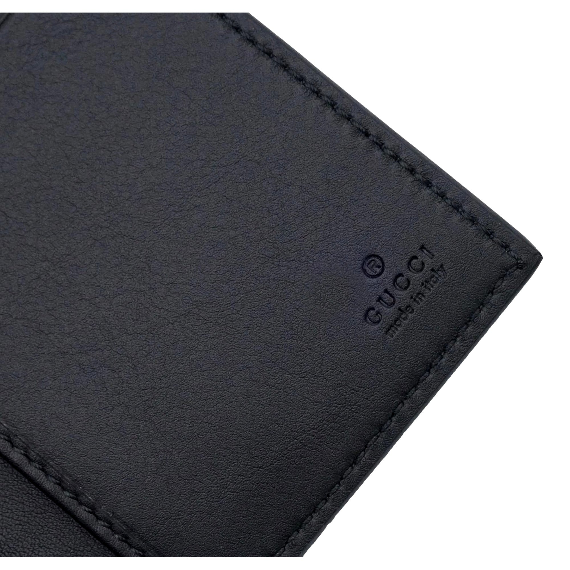Gucci GG Emblem Black Leather and Canvas Vertical Bifold Wallet - Available at Queen Bee of Beverly Hills