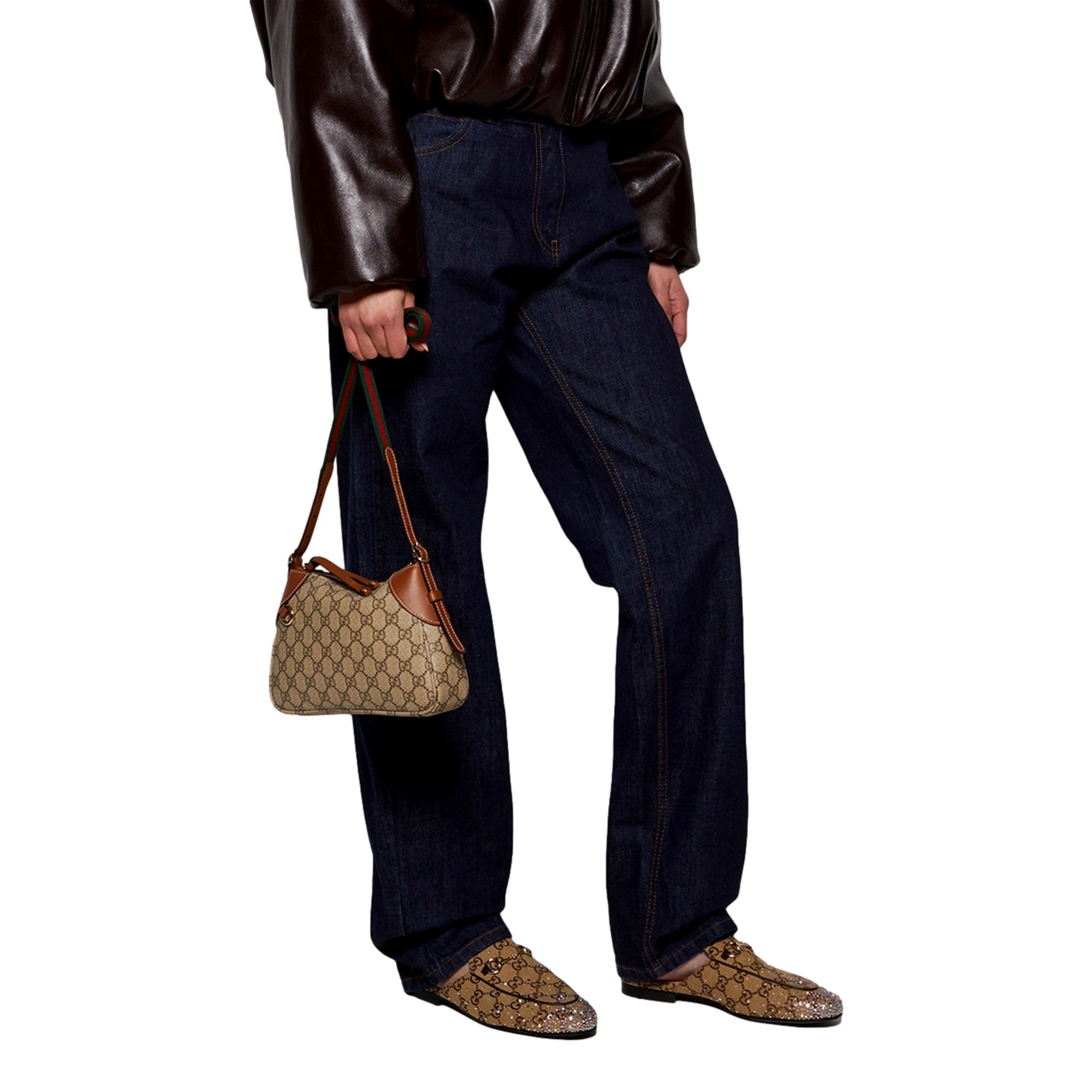 Gucci GG Emblem Supreme Canvas Leather Shoulder Bag Brown Beige sold at Queen Bee of Beverly Hills