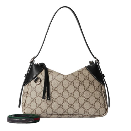 Gucci GG Emblem Surpeme Canvas Leather Shoulder Bag Black Beige available at Queen Bee of Beverly Hills