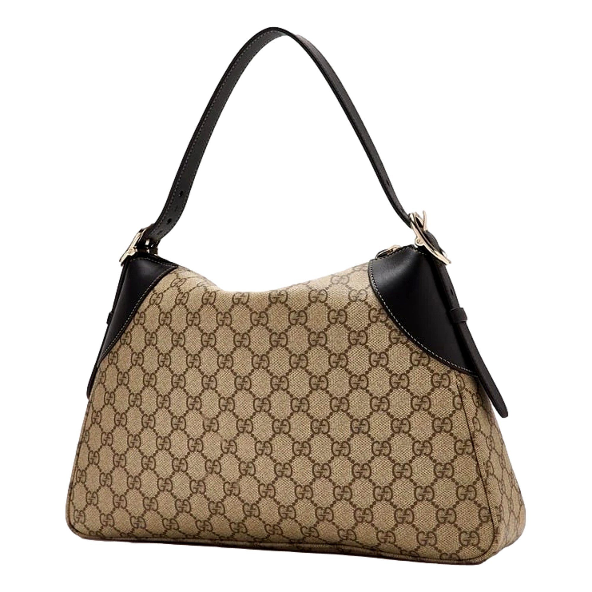 Gucci GG Emblem Surpeme Canvas Medium Leather Shoulder Bag Black Beige available at Queen Bee of Beverly Hills