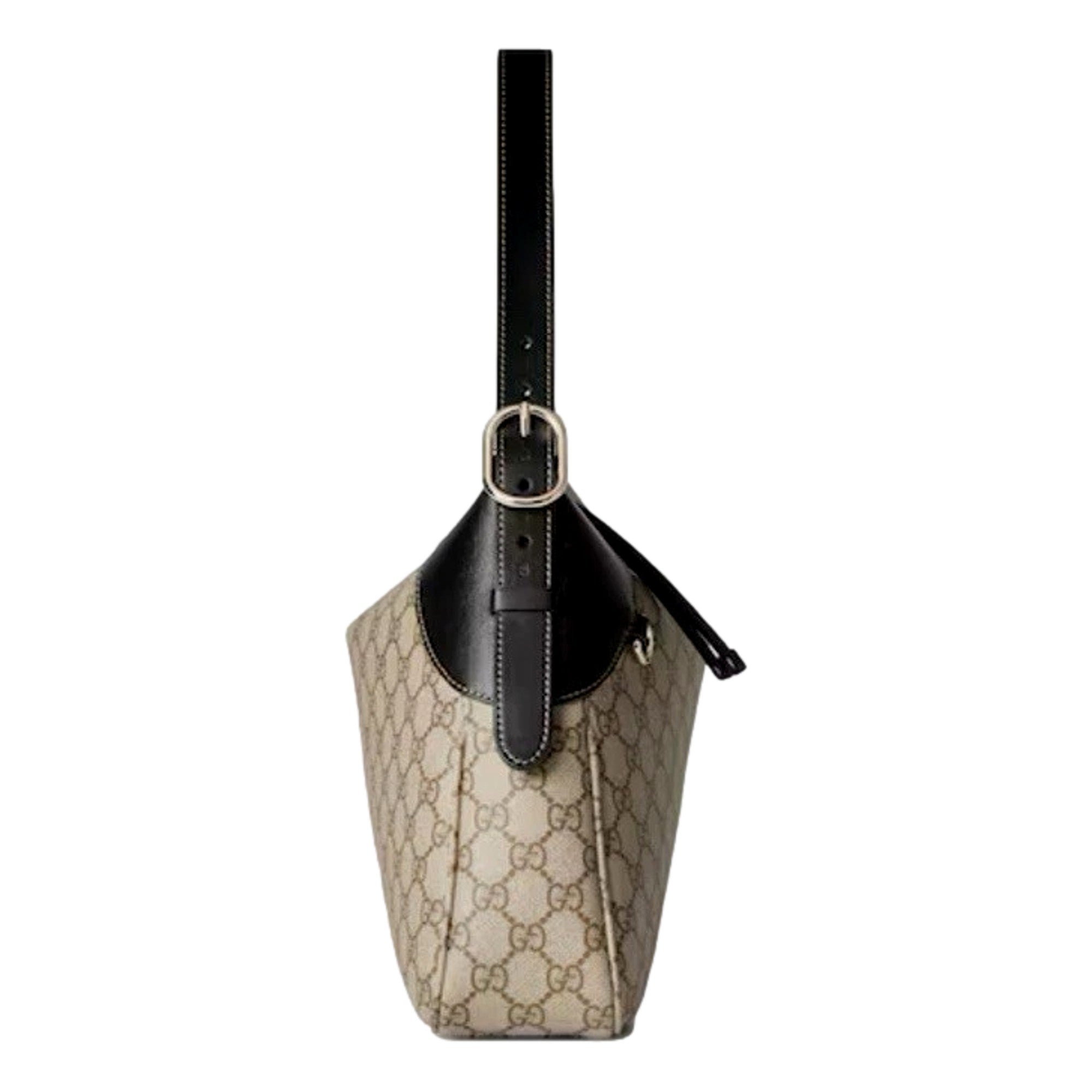 Gucci GG Emblem Surpeme Canvas Medium Leather Shoulder Bag Black Beige available at Queen Bee of Beverly Hills