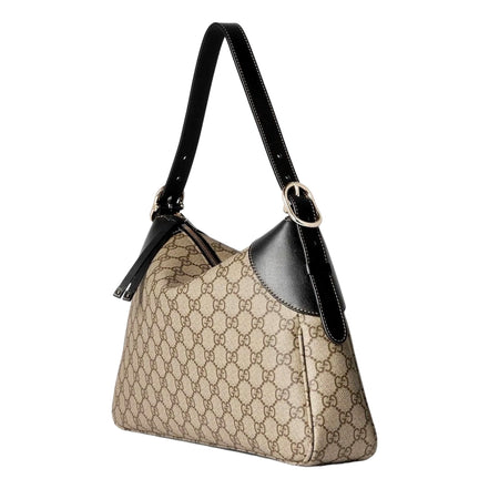 Gucci GG Emblem Surpeme Canvas Medium Leather Shoulder Bag Black Beige available at Queen Bee of Beverly Hills