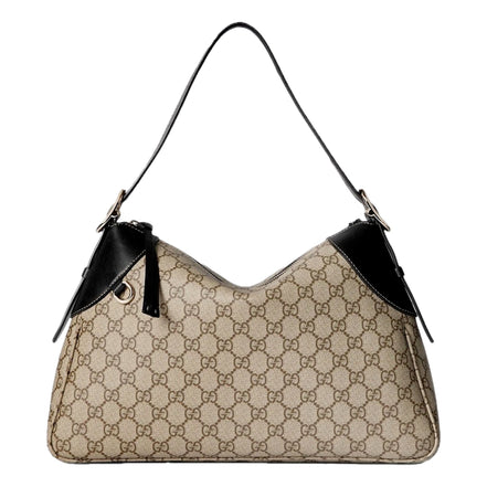 Gucci GG Emblem Surpeme Canvas Medium Leather Shoulder Bag Black Beige available at Queen Bee of Beverly Hills