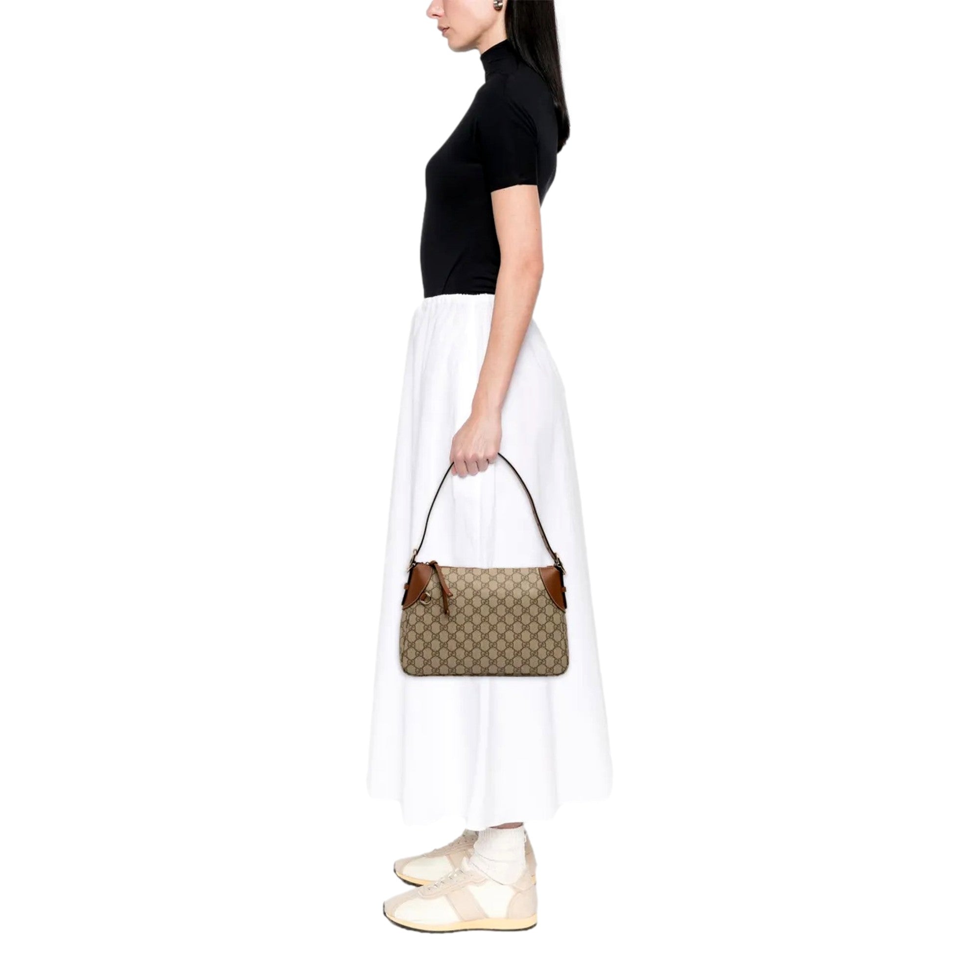 Gucci GG Emblem Surpeme Canvas Medium Leather Shoulder Bag Brown Beige available at Queen Bee of Beverly Hills