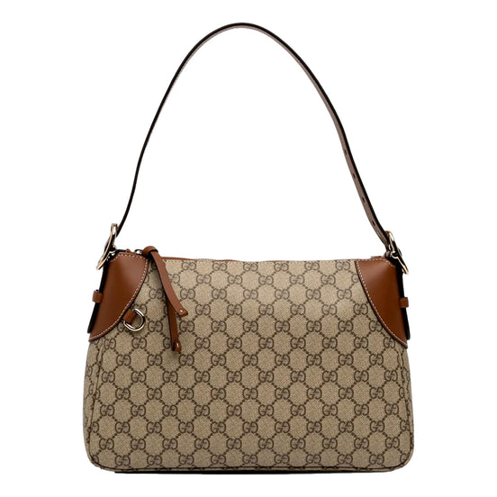 Gucci GG Emblem Surpeme Canvas Medium Leather Shoulder Bag Brown Beige available at Queen Bee of Beverly Hills