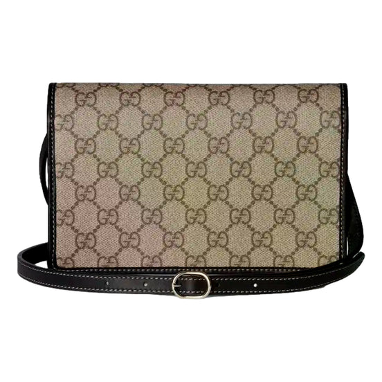Gucci GG Emblem Canvas and Leather Wallet Mini Crossbody Bag in Black sold at Queen Bee of Beverly Hills