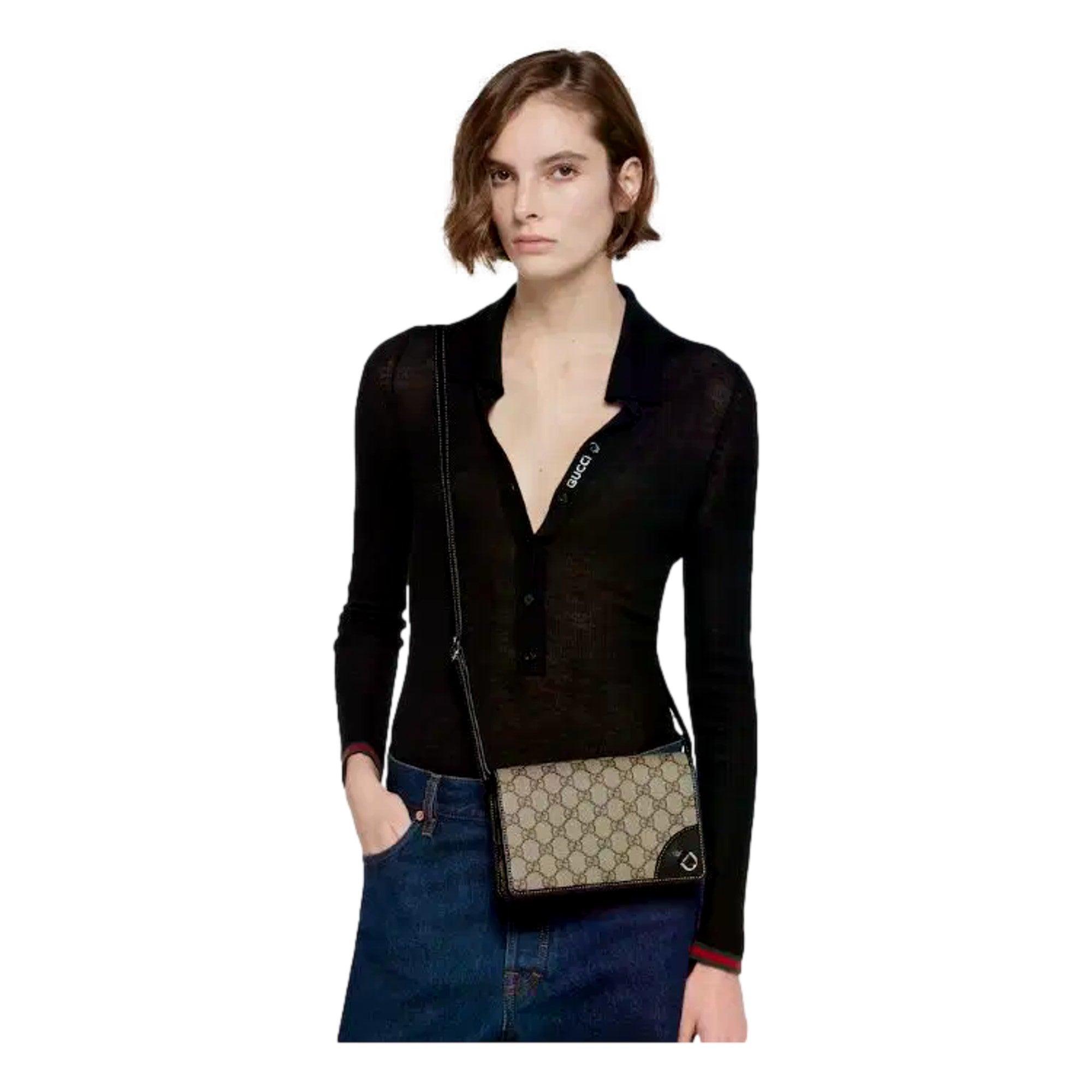 Gucci GG Emblem Canvas and Leather Wallet Mini Crossbody Bag in Black sold at Queen Bee of Beverly Hills
