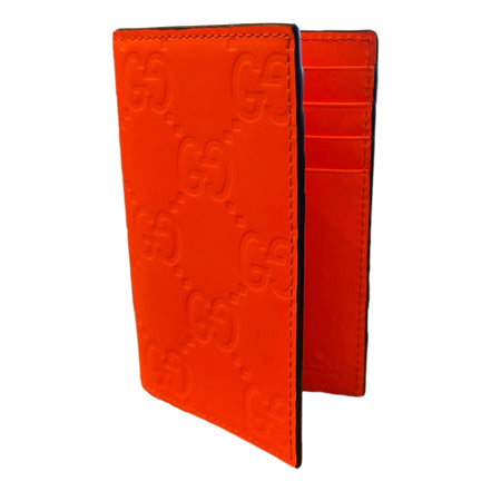 Gucci GG Leather Rubber Effect Neon Orange Folding Wallet Card Holder available at Queen Bee of Beverly Hills