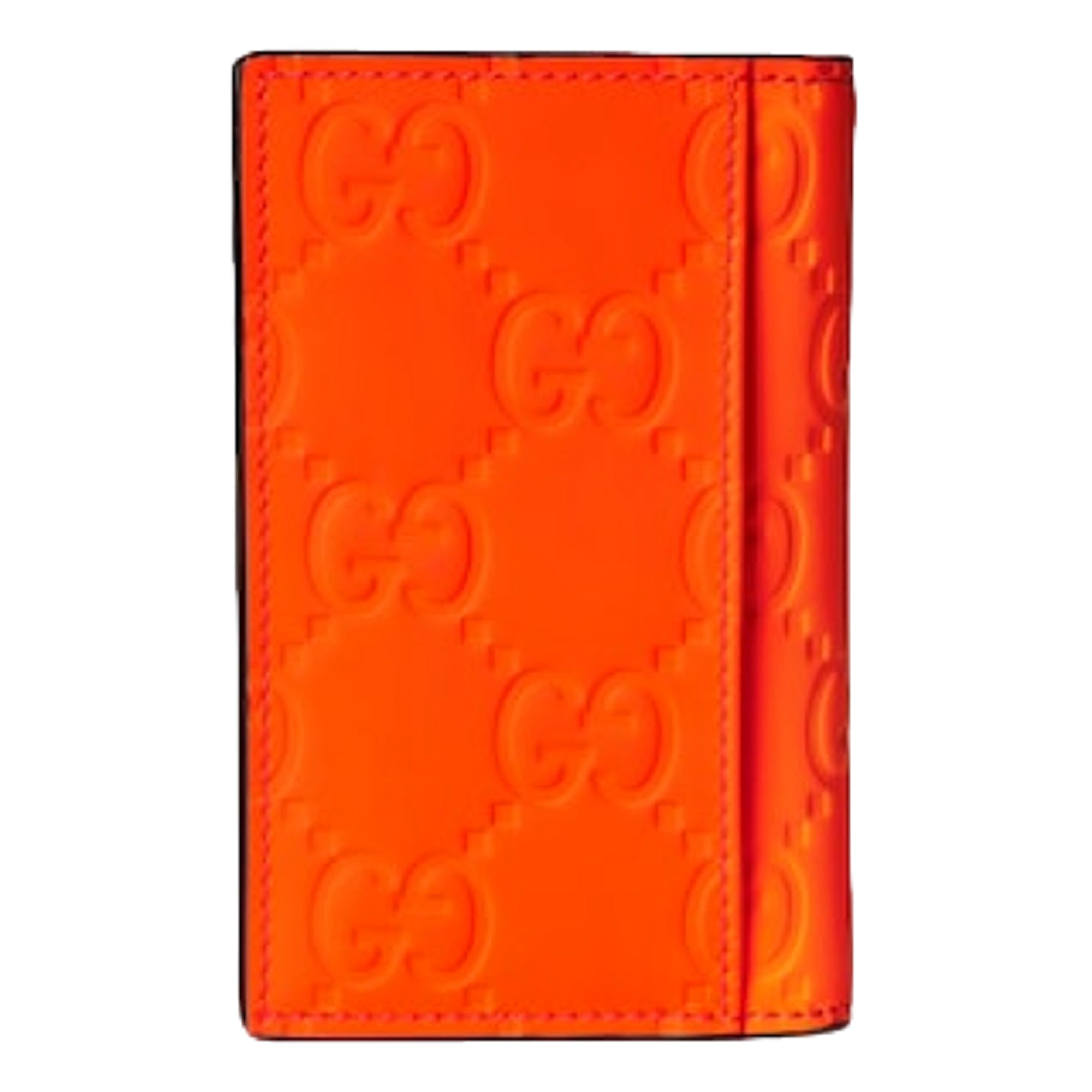 Gucci GG Leather Rubber Effect Neon Orange Folding Wallet Card Holder available at Queen Bee of Beverly Hills