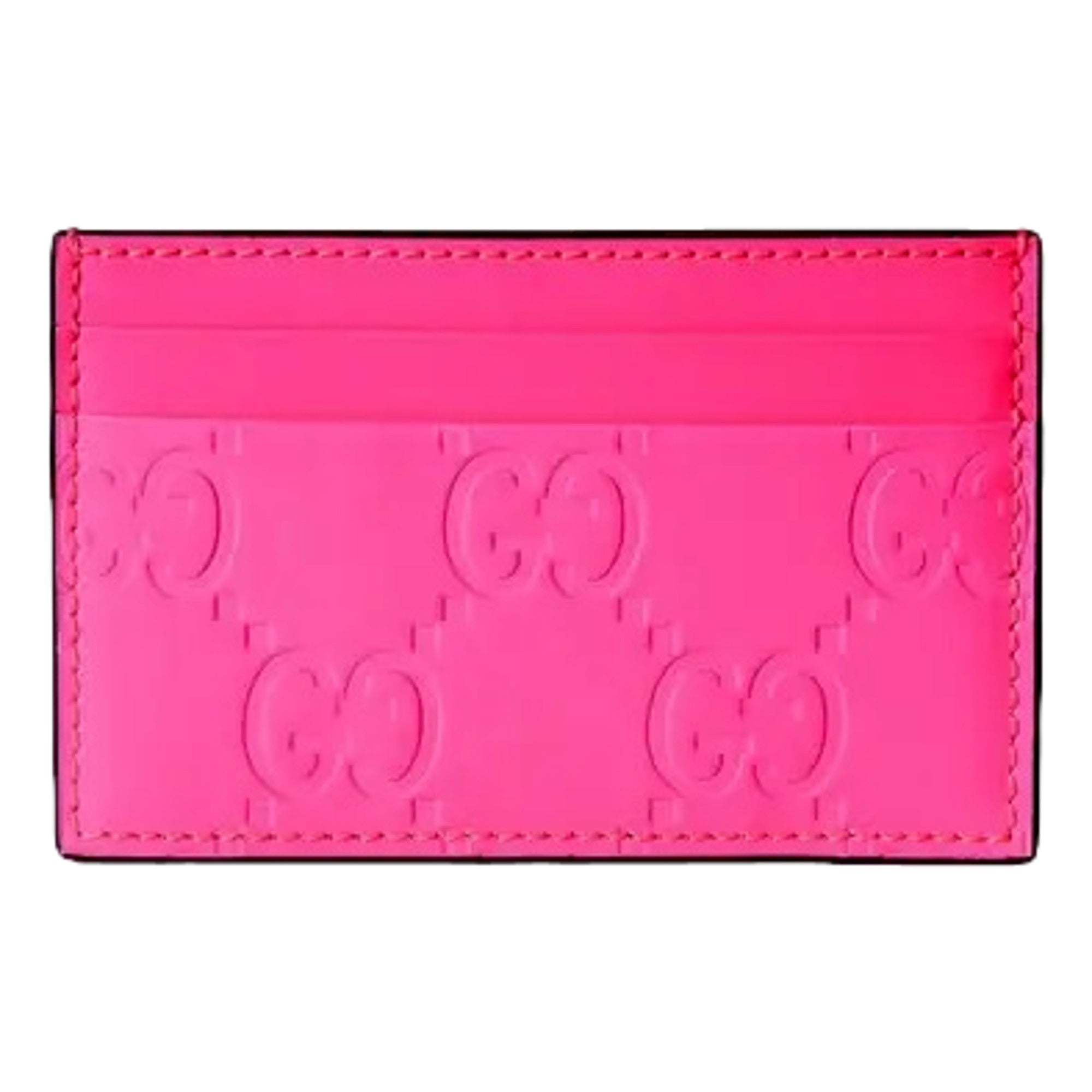 Gucci GG Leather Rubber Effect Neon Pink Card Holder Wallet available at Queen Bee of Beverly Hills