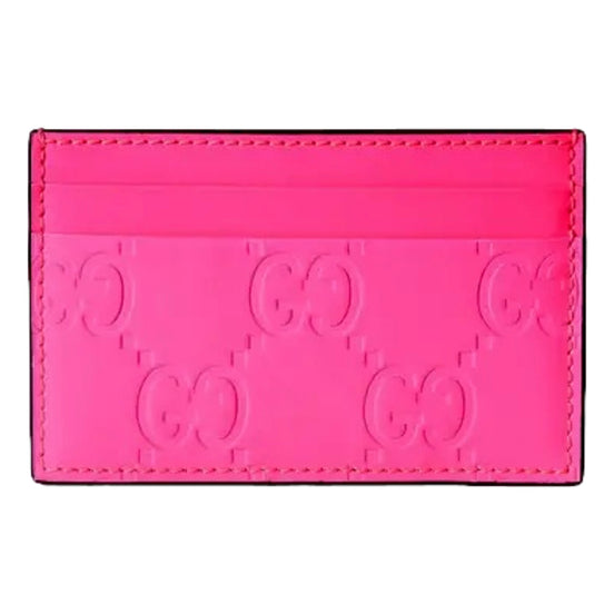 Gucci GG Leather Rubber Effect Neon Pink Card Holder Wallet available at Queen Bee of Beverly Hills