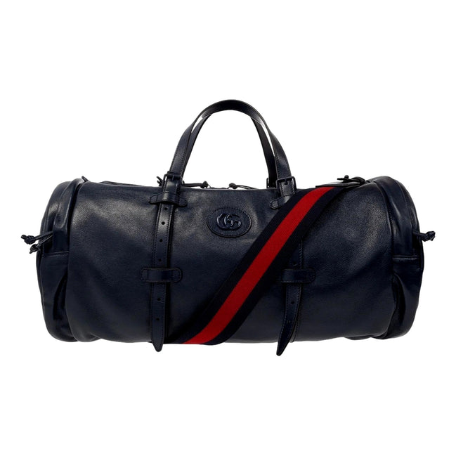 Gucci GG Logo Deep Blue Buffalo Leather Duffle Tote with Strap available at Queen Bee of Beverly Hills