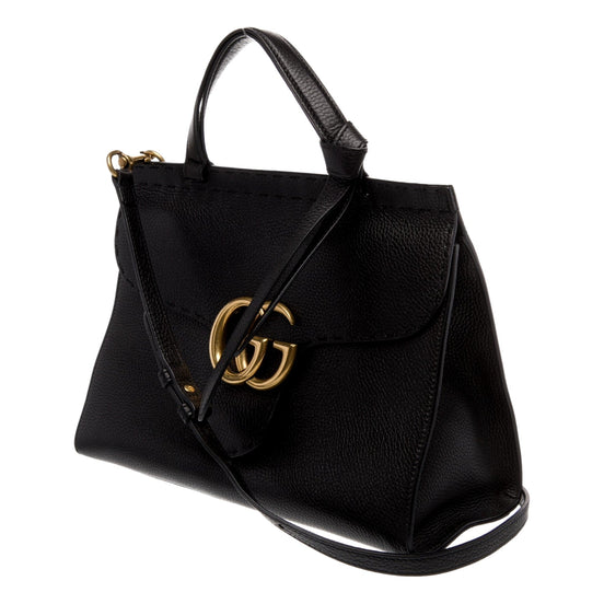 Gucci GG Marmont Black Calfskin Top Handle Satchel Handbag available at Queen Bee of Beverly Hills