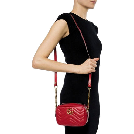 Gucci GG Marmont Matelassé Red Leather Crossbody Mini Bag available at Queen Bee of Beverly Hills