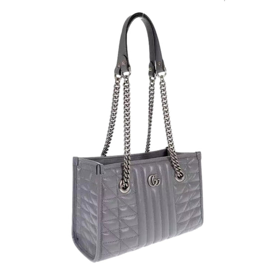 Gucci GG Marmont Silver Medium Chain Shoulder Tote Bag Gray Leather available at Queen Bee of Beverly Hills