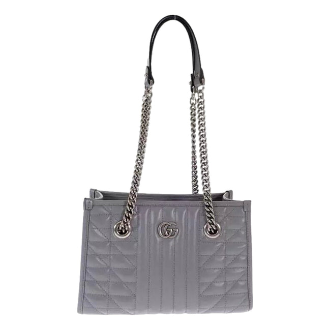 Gucci GG Marmont Silver Medium Chain Shoulder Tote Bag Gray Leather available at Queen Bee of Beverly Hills
