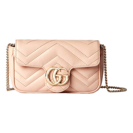 Gucci GG Marmont Super Mini Matelasse Crossbody Bag Light Beige Pink available at Queen Bee of Beverly Hills