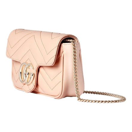 Gucci GG Marmont Super Mini Matelasse Crossbody Bag Light Beige Pink available at Queen Bee of Beverly Hills