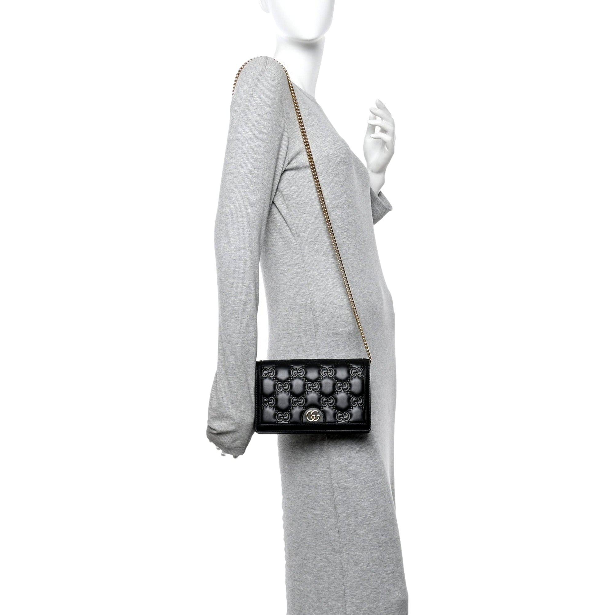Gucci GG Matelasse Leather Chain Wallet Shoulder Bag Black