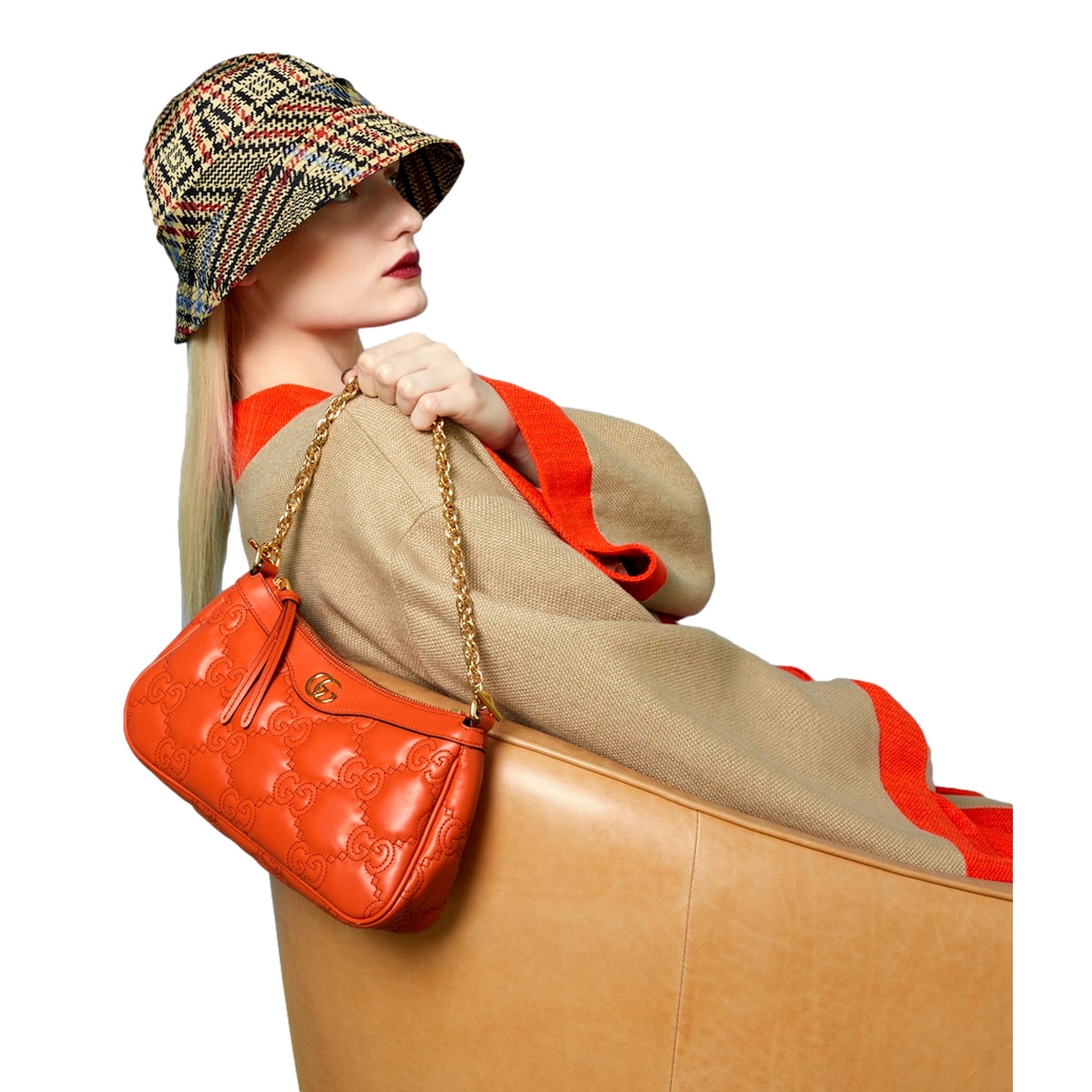 Gucci GG Quilted Matelassé Leather Mini Shoulder Bag In Orange available at Queen Bee of Beverly Hills