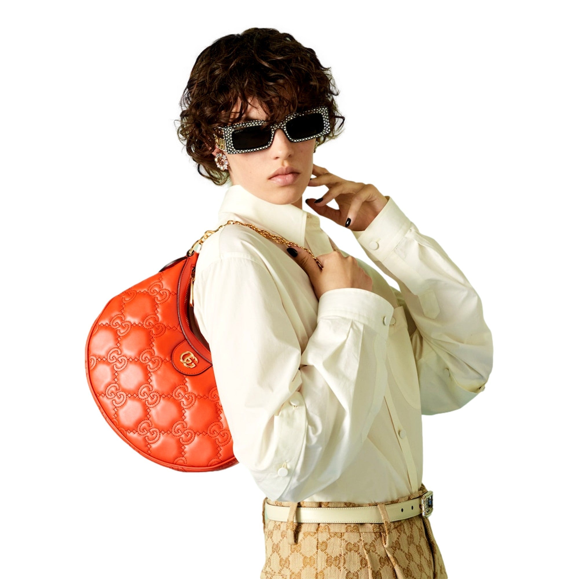 Gucci GG Quilted Matelassé Leather Small Shoulder Handbag In Orange available at Queen Bee of Beverly Hills