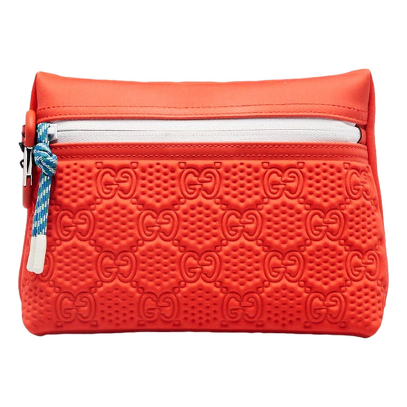 Gucci GG Scuba Neon Orange Rubber-Effect Small Clutch Pouch Bag - available at Queen Bee of Beverly Hills. 