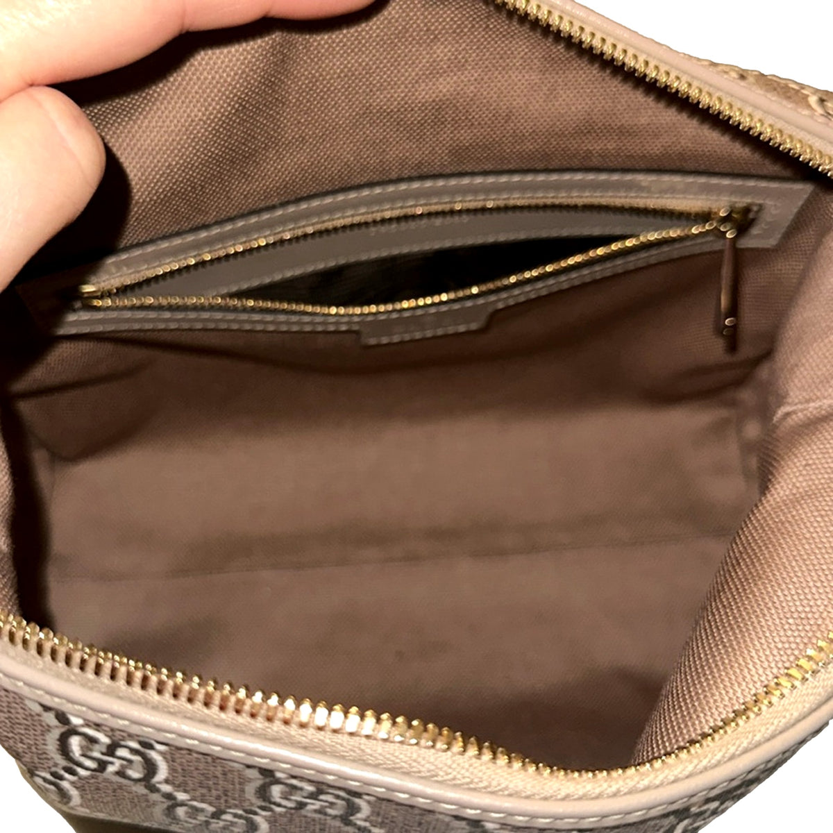 Gucci GG Shadow Beige Brown Large Cosmetic Pouch - available at Queen Bee of Beverly Hills.