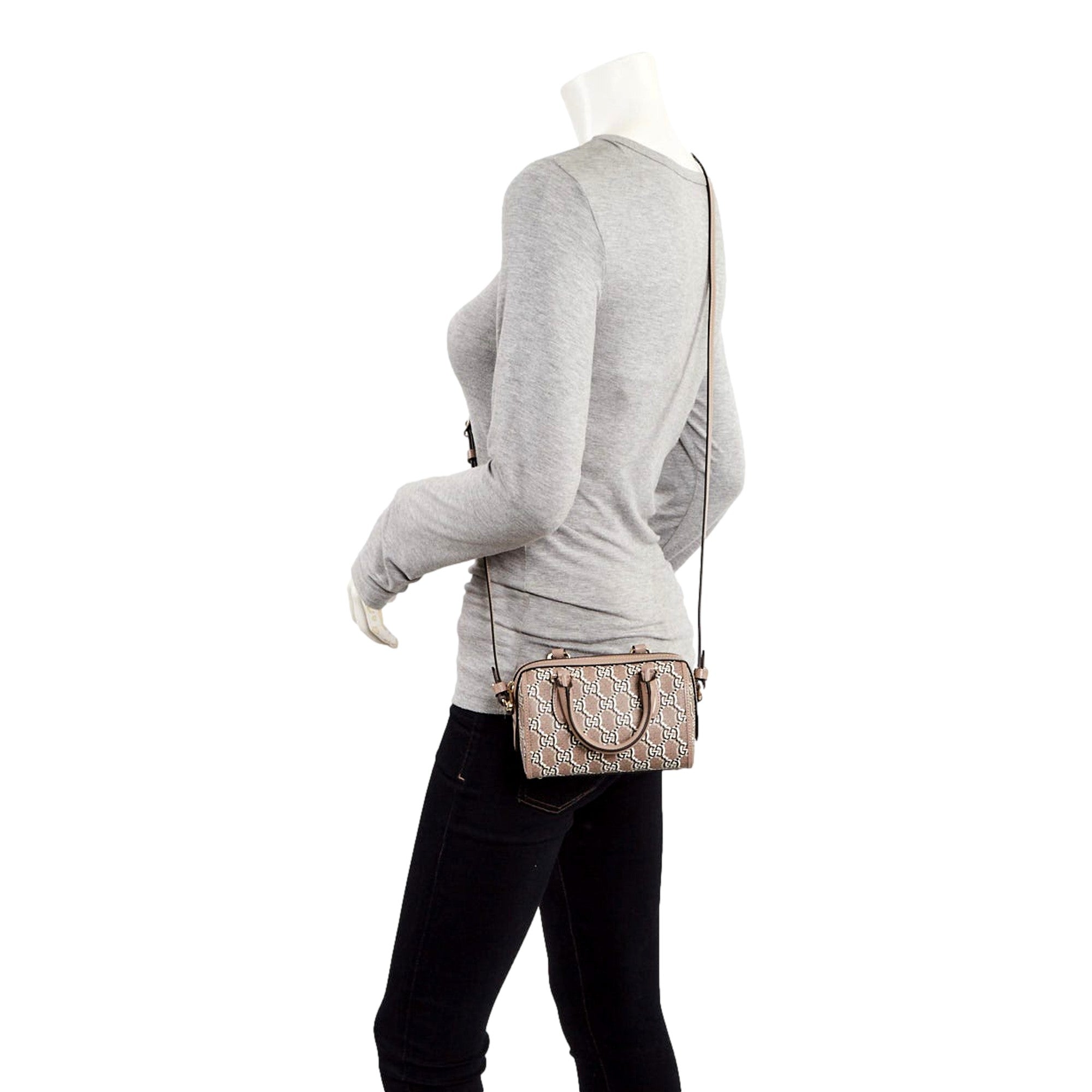 Gucci GG Shadow Monogram Canvas Leather Mini Bowler Bag Beige Black available at Queen Bee of Beverly Hills