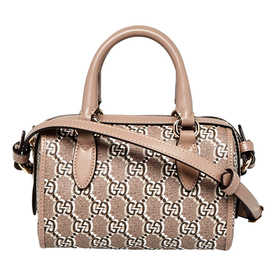 Gucci GG Shadow Monogram Canvas Leather Mini Bowler Bag Beige Black available at Queen Bee of Beverly Hills