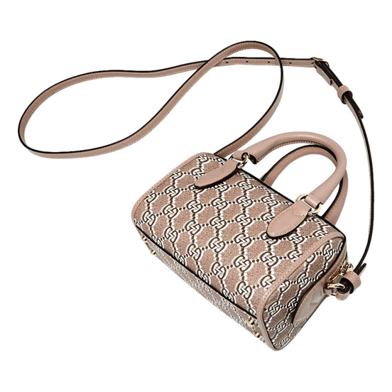Gucci GG Shadow Monogram Canvas Leather Mini Bowler Bag Beige Black available at Queen Bee of Beverly Hills