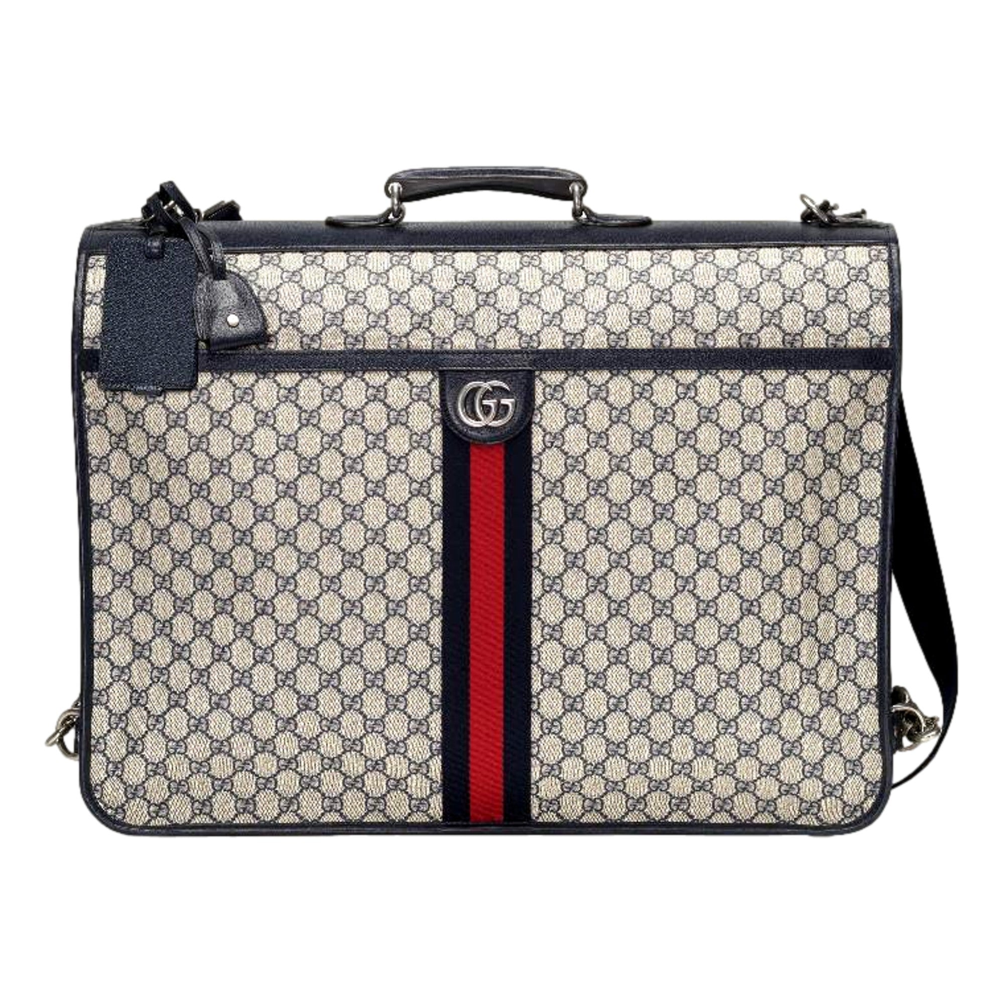 Gucci GG Supreme Canvas Blue Web Stripe Leather Garment Bag available at Queen Bee of Beverly Hills