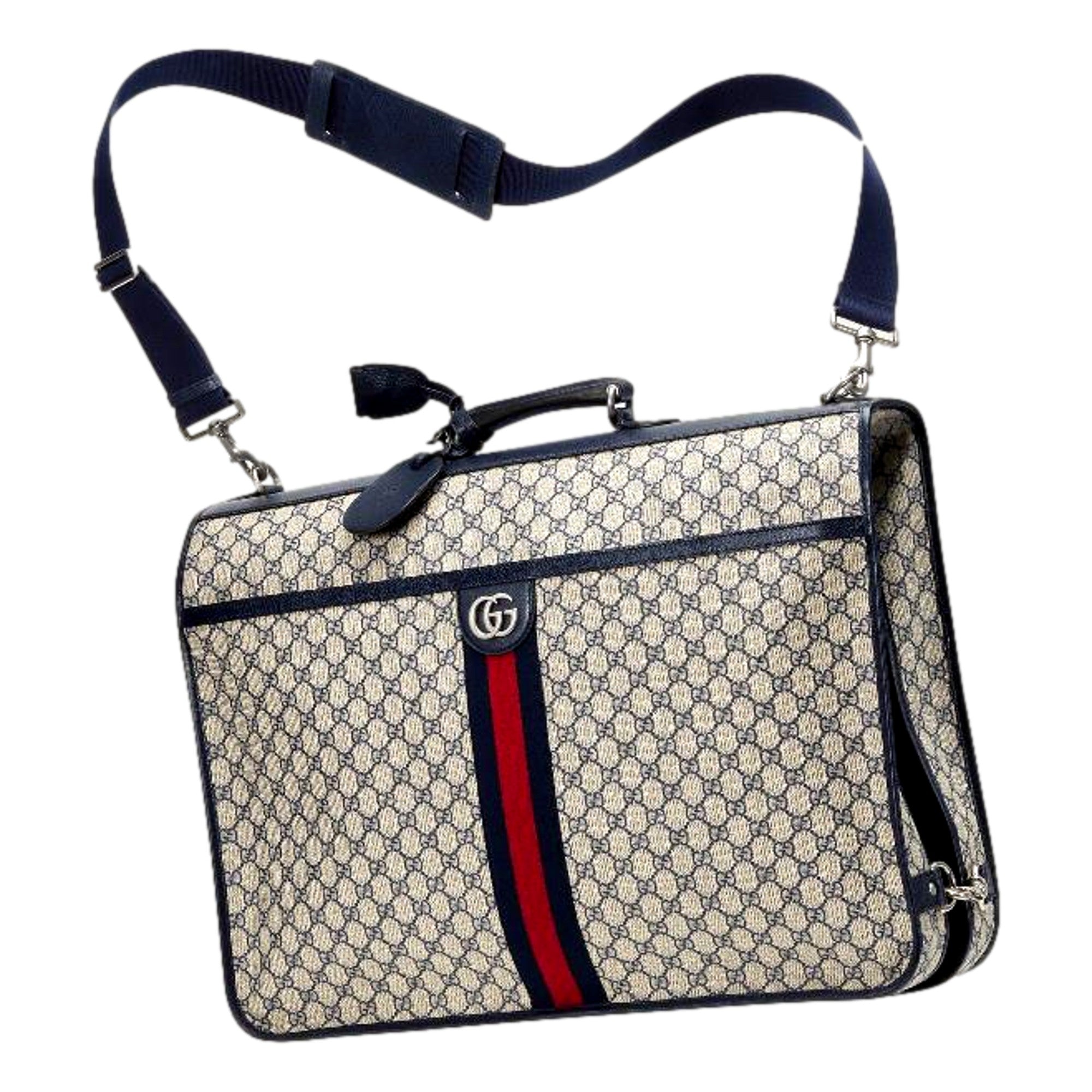 Gucci GG Supreme Canvas Blue Web Stripe Leather Garment Bag available at Queen Bee of Beverly Hills