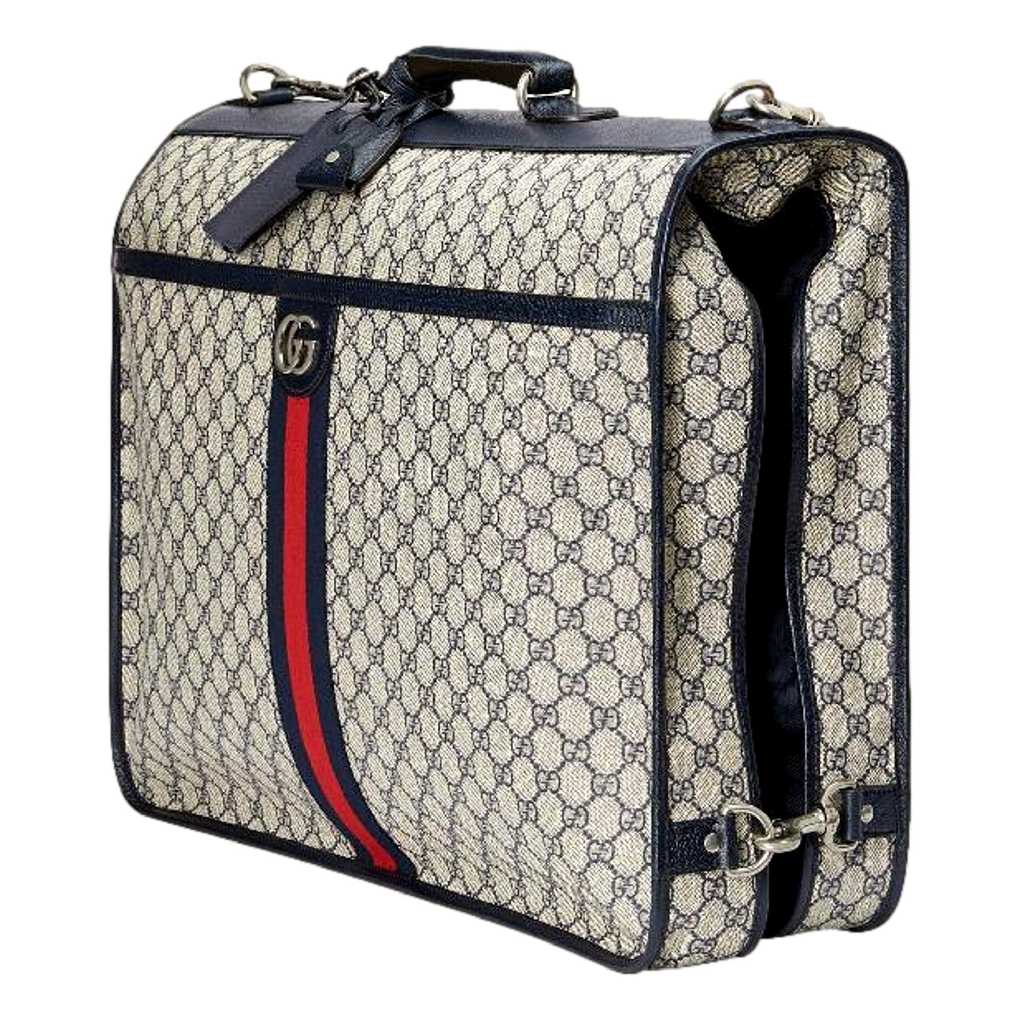 Gucci GG Supreme Canvas Blue Web Stripe Leather Garment Bag available at Queen Bee of Beverly Hills