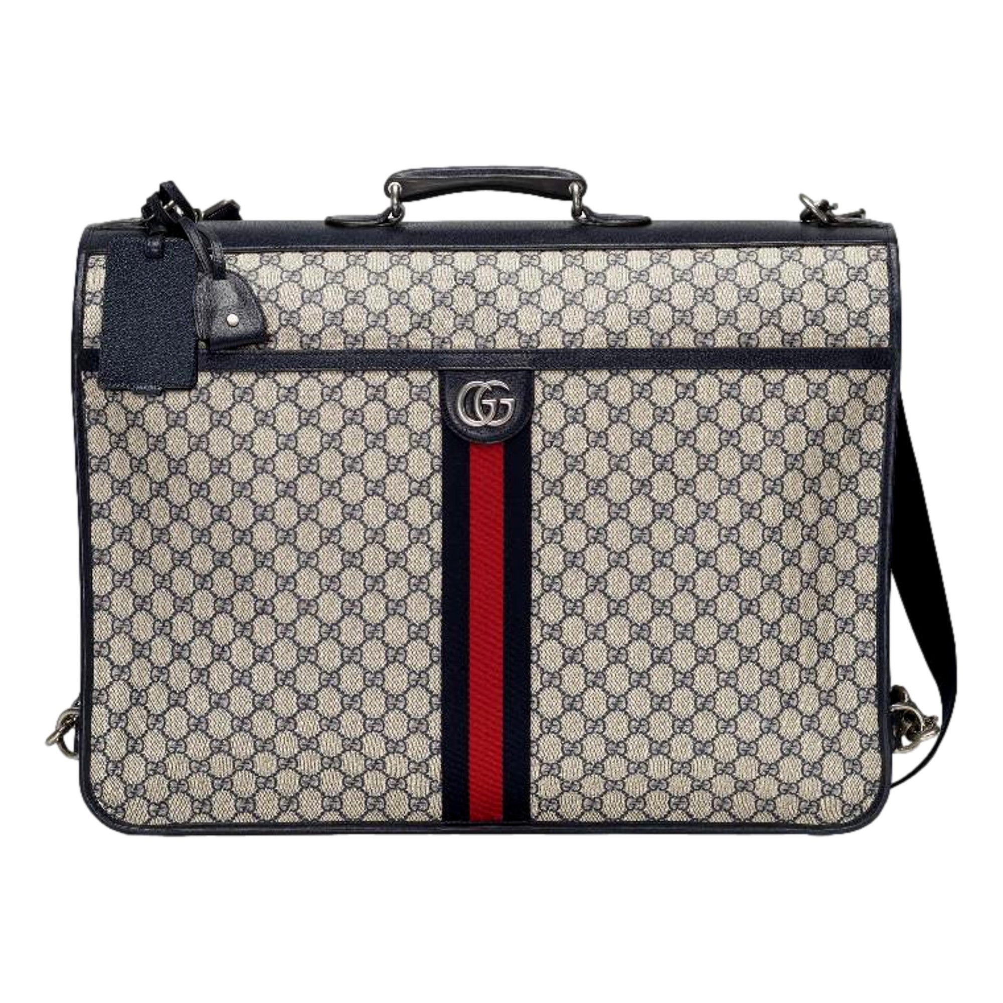 Gucci GG Supreme Canvas Blue Web Stripe Leather Garment Bag available at Queen Bee of Beverly Hills