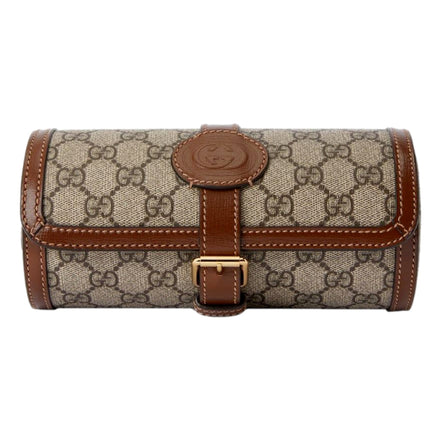 Gucci GG Supreme Canvas Leather Beige Brown Watch Case available at Queen Bee of Beverly Hills