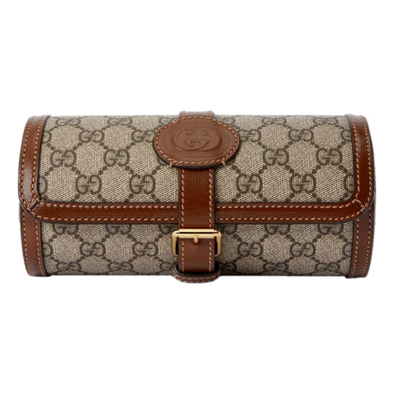 Gucci GG Supreme Canvas Leather Beige Brown Watch Case available at Queen Bee of Beverly Hills