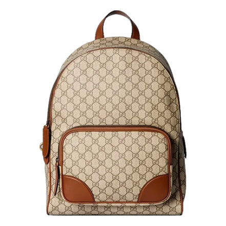Gucci GG Supreme Canvas Leather Trim Brown Medium Backpack available at Queen Bee of Beverly Hills