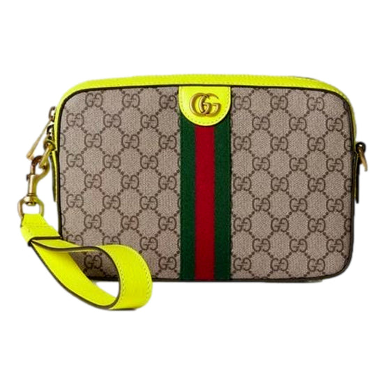Gucci GG Supreme Canvas Ophidia Small Crossbody Web Stripe Neon Yellow available at Queen Bee of Beverly Hills