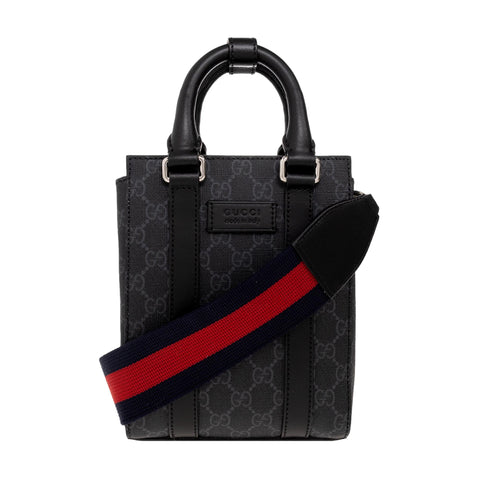 Gucci GG Supreme Monogram Black Canvas Web Strap Mini Tote Bag at_Queen_Bee_of_Beverly_Hills