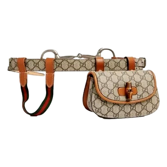 Gucci GG Supreme Monogram Web Bamboo 1947 Mini Belt Bag In Beige 75 available at Queen Bee of Beverly Hills