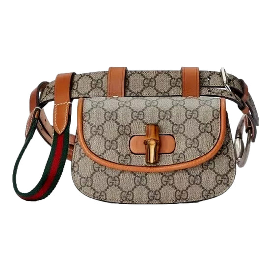 Gucci GG Supreme Monogram Web Bamboo 1947 Mini Belt Bag In Beige 75 available at Queen Bee of Beverly Hills