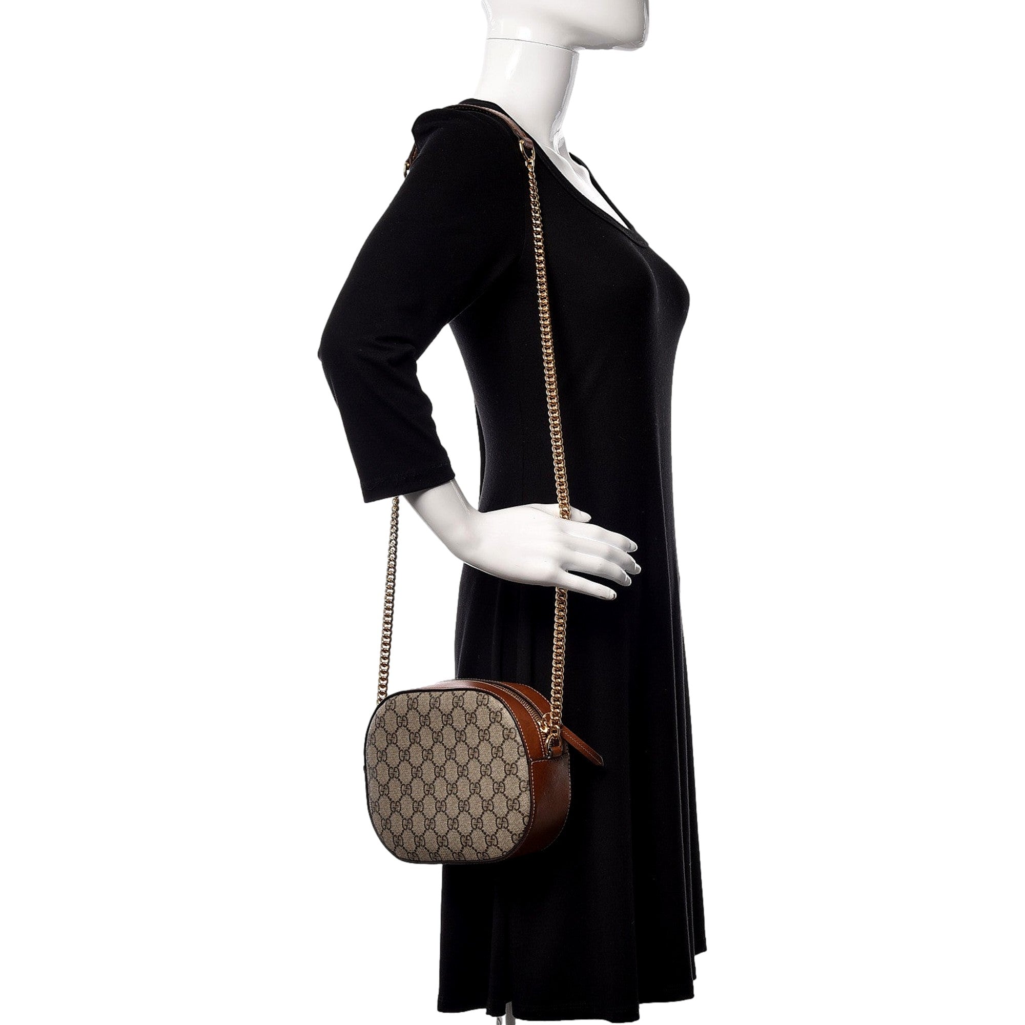 Gucci GG Supreme Canvas Brown Mini Oval Chain Crossbody Bag