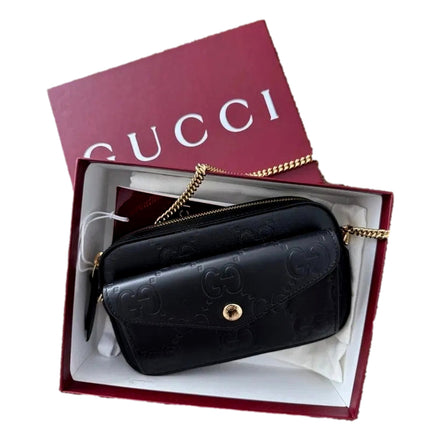 Gucci Gilbert Black Guccissima Leather Double Zip Camera Crossbody Bag Gold Chain
