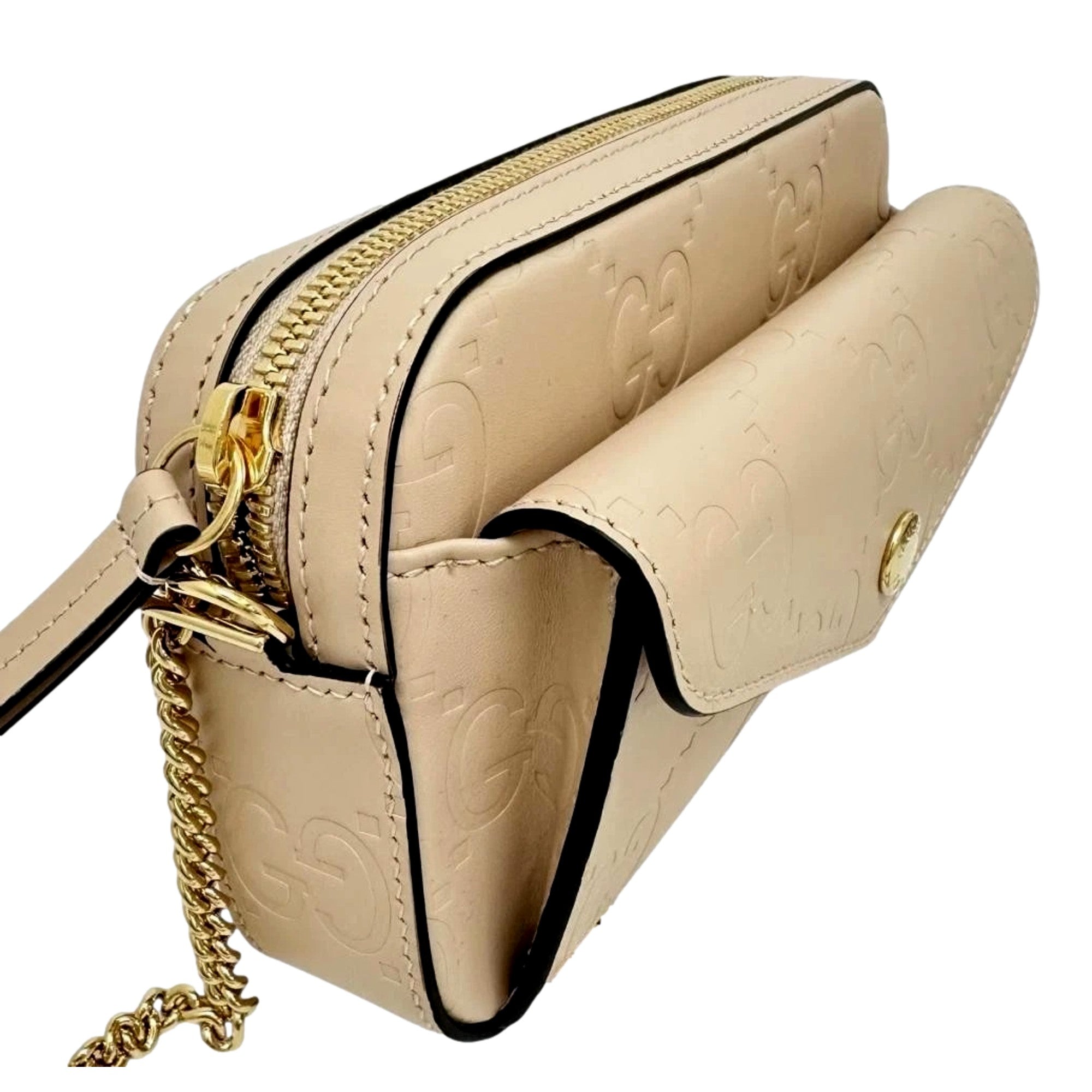 Gucci Gilbert Calfskin Mini Envelope Beige Crossbody Bag available at Queen Bee of Beverly Hills