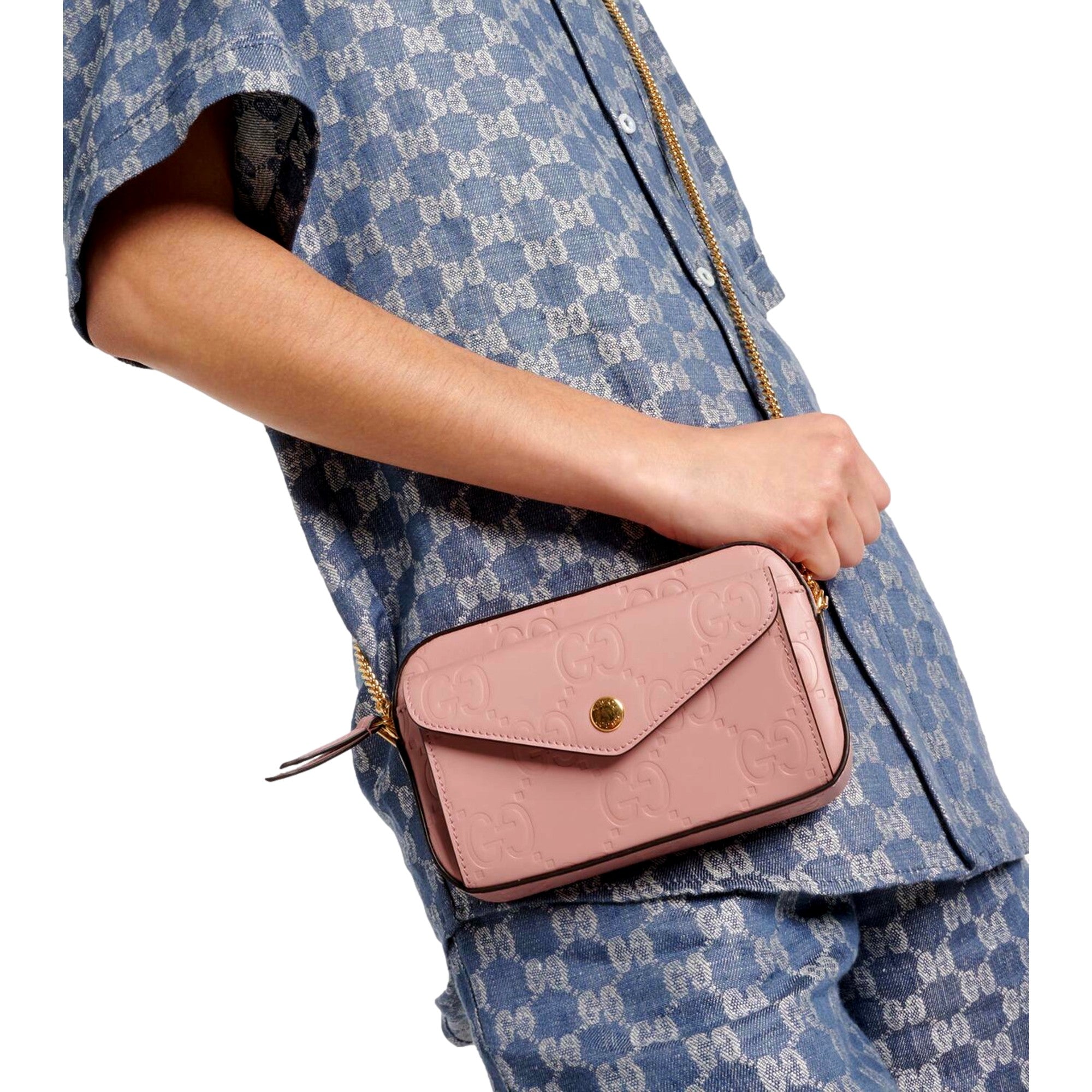 Gucci Gilbert Calfskin Mini Envelope Pink Crossbody Bag available at Queen Bee of Beverly Hills