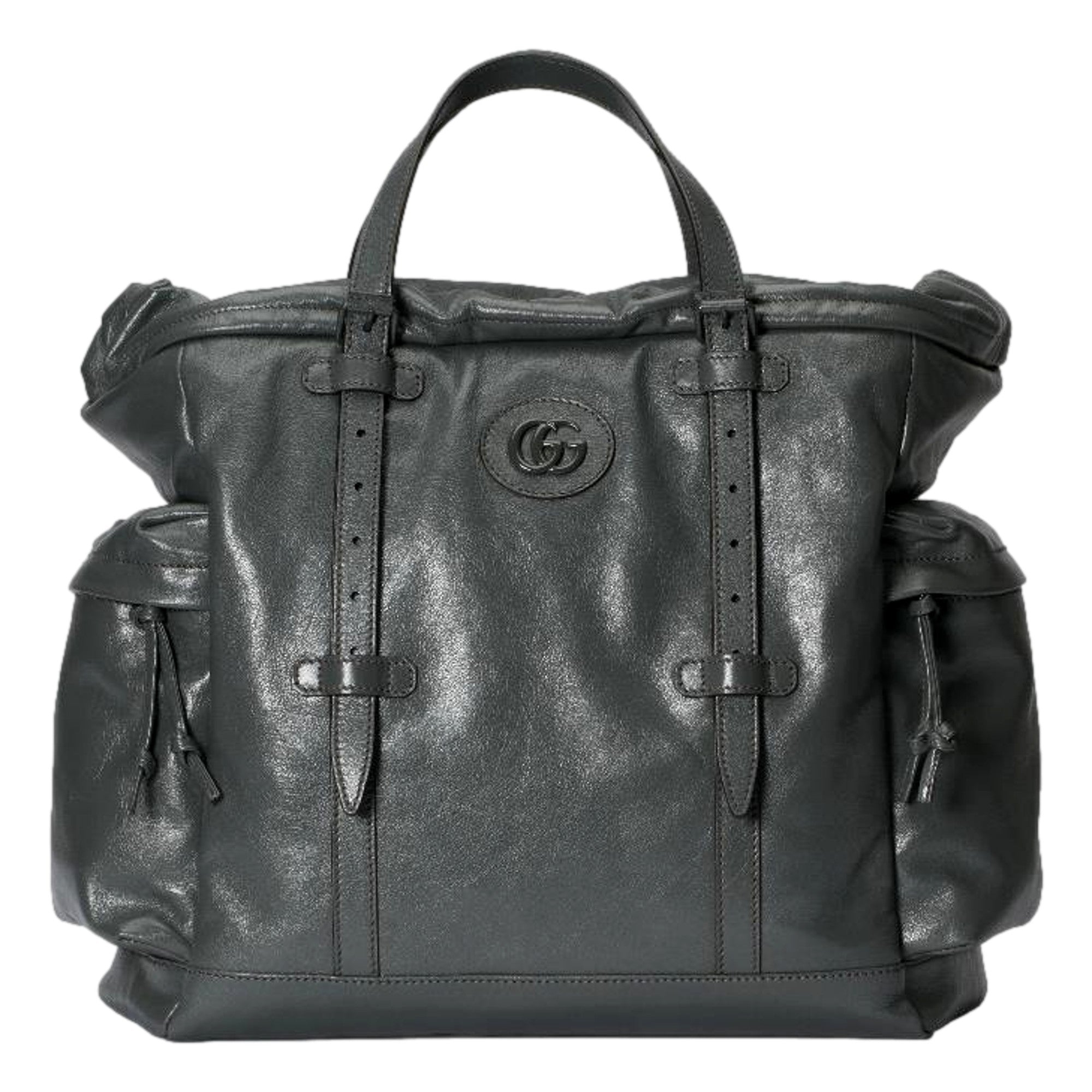 Gucci Gray Leather Drawstring Tote Bag With Tonal Double G Logo available at Queen Bee of Beverly Hills