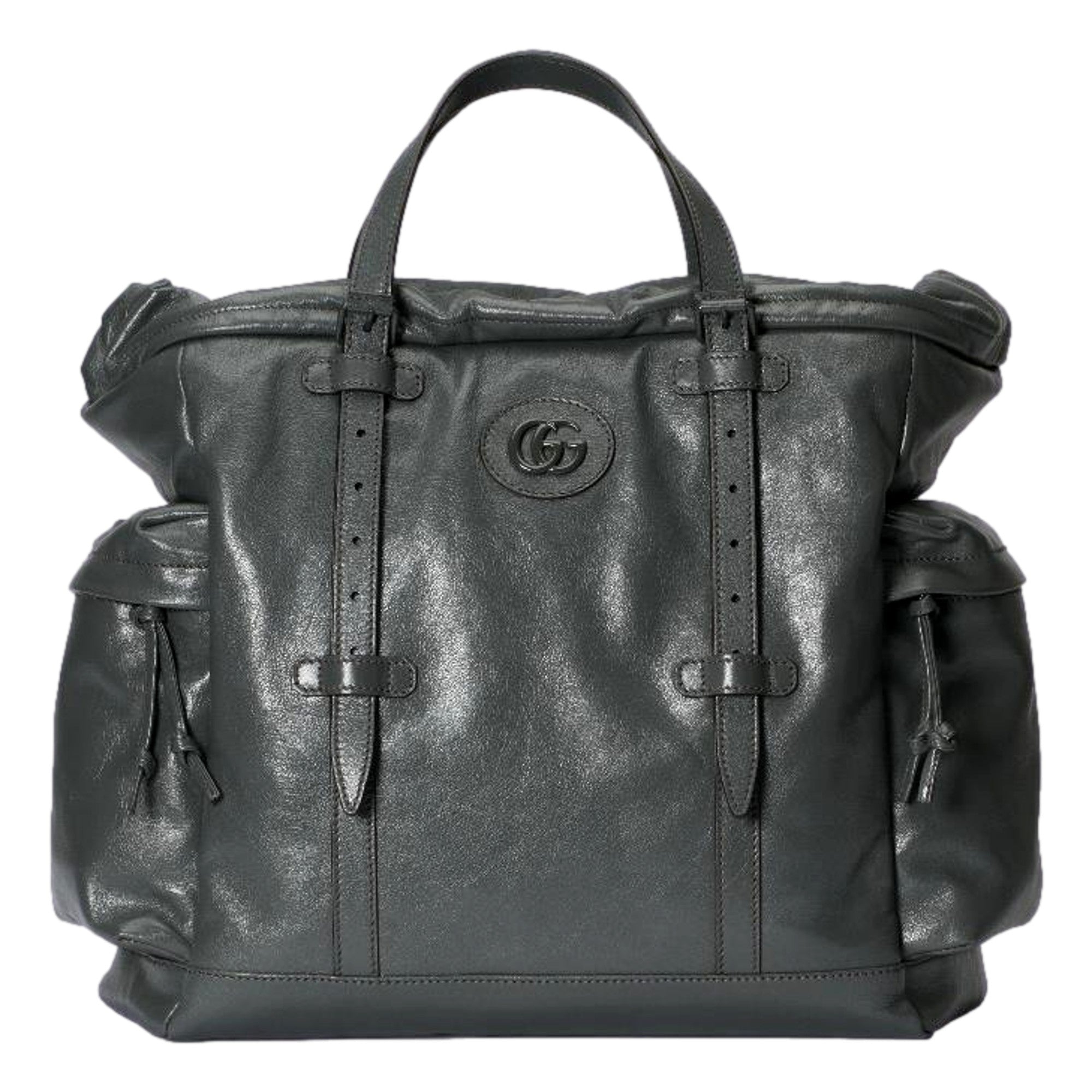 Gucci Gray Leather Drawstring Tote Bag With Tonal Double G Logo available at Queen Bee of Beverly Hills