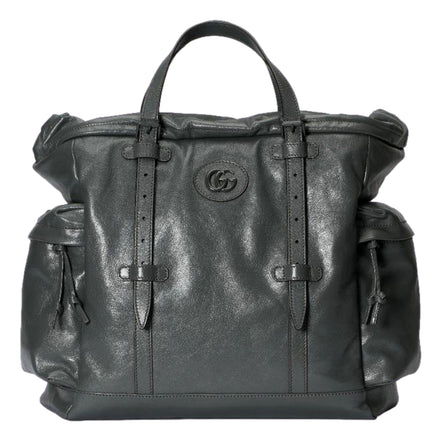 Gucci Gray Leather Drawstring Tote Bag With Tonal Double G Logo available at Queen Bee of Beverly Hills